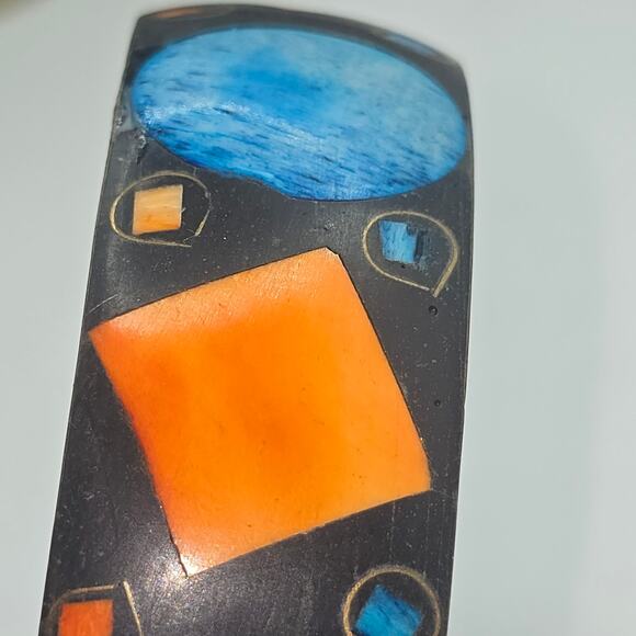 VTG MCM Atomic Cosmic 3/4” Brass Bangle BK OR & BL Bovine Bone Inlay SZ 8.75 - Picture 7 of 10